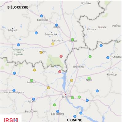 Map of the stations of the Belarusian and Ukrainian national networks transmitting data to the European platform EURDEP within 200 km of the Pripyat site